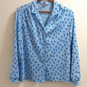 Graff  Vintage Polyester Button Up  Blouse .Blue Flowers Size Medium.